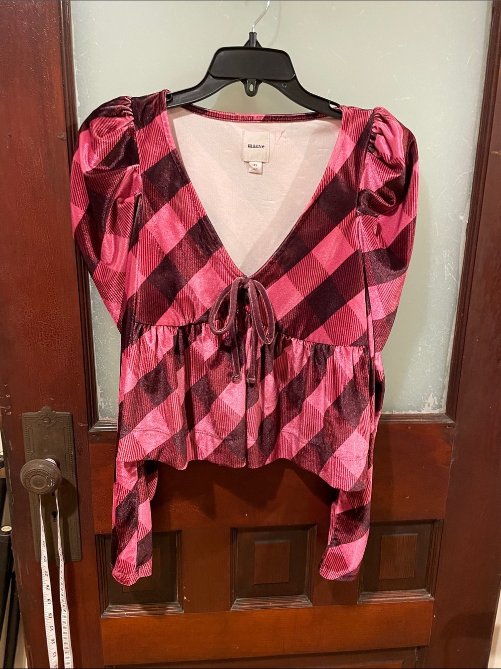 Maeve Pink and Dark Berry Plaid Tie-Front Peplum Crop Top